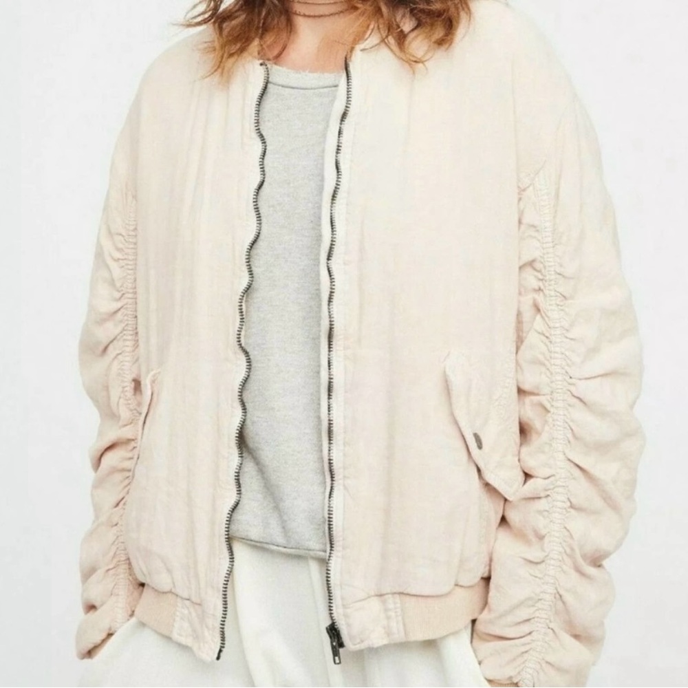 Free People Light Pink Bomber Jacket M linen lined